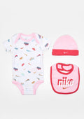 Coffret Nike 3 pièces, Body + Bonnet + Bavoir, Rose & blanc