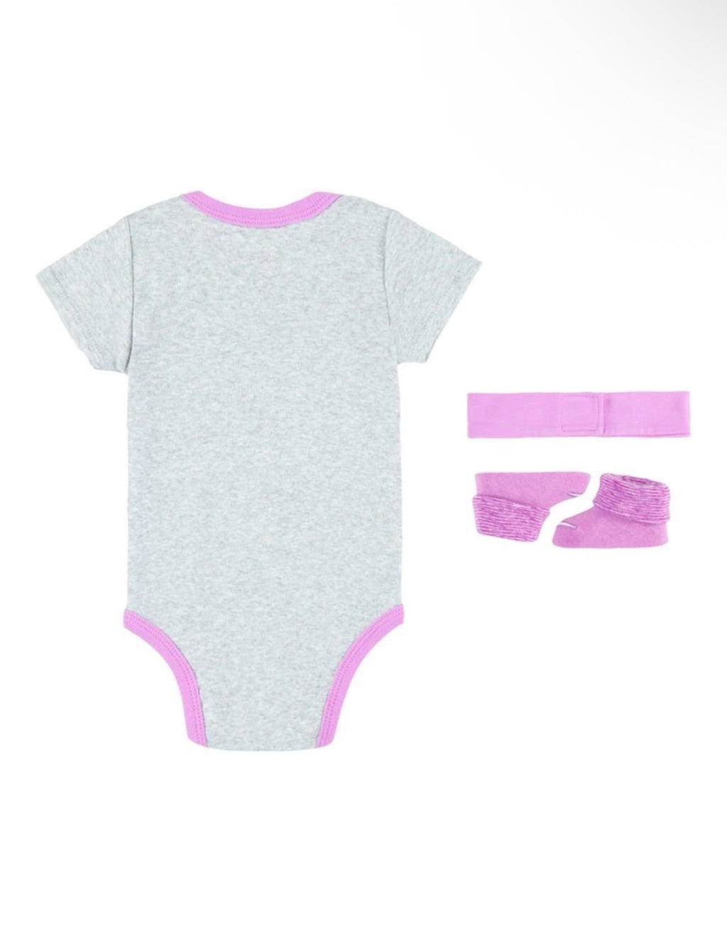 Coffret Nike, set 3 pièces body - bandeau et chausson gris et rose