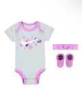 Coffret Nike, set 3 pièces body - bandeau et chausson gris et rose
