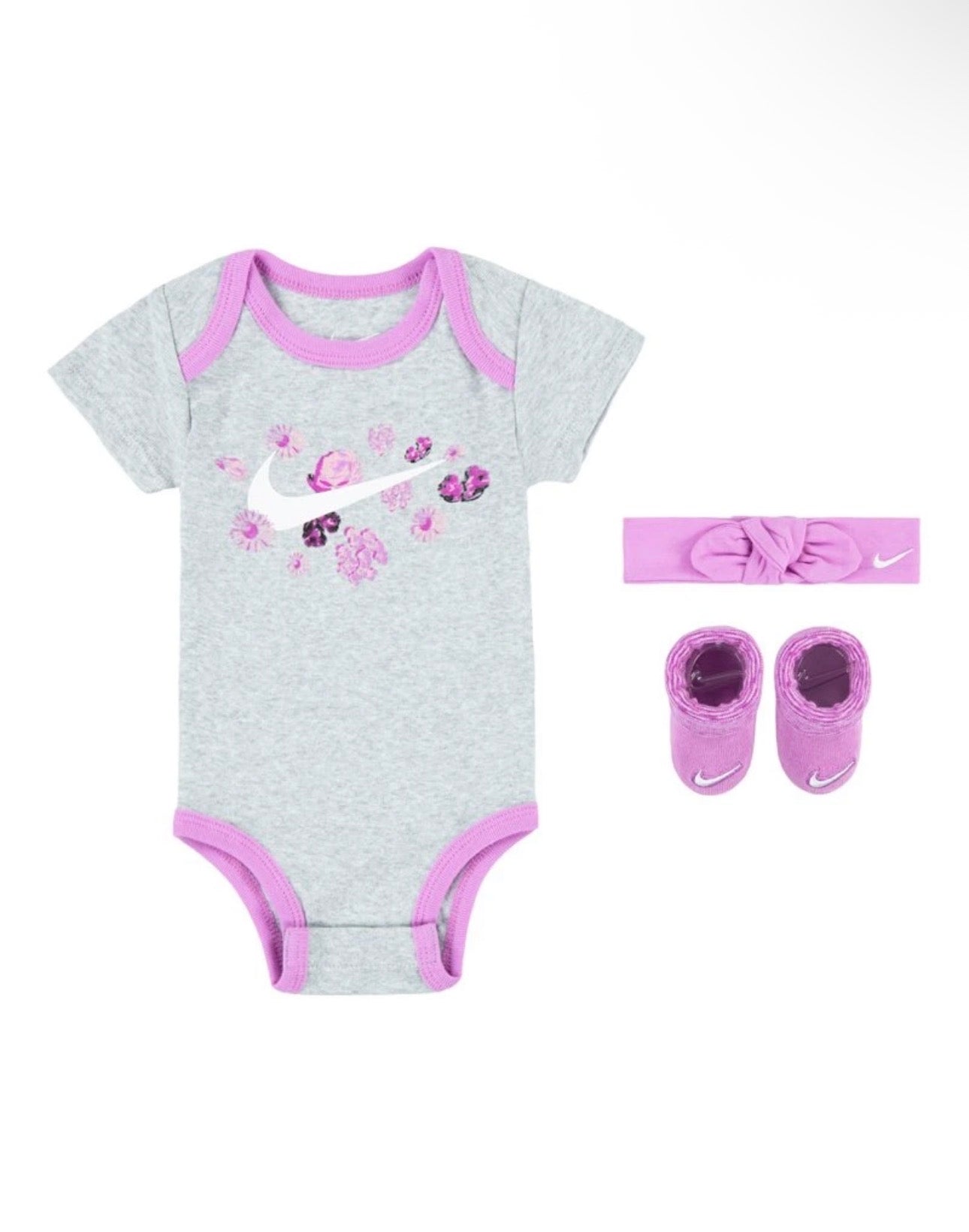 Coffret Nike, set 3 pièces body - bandeau et chausson gris et rose